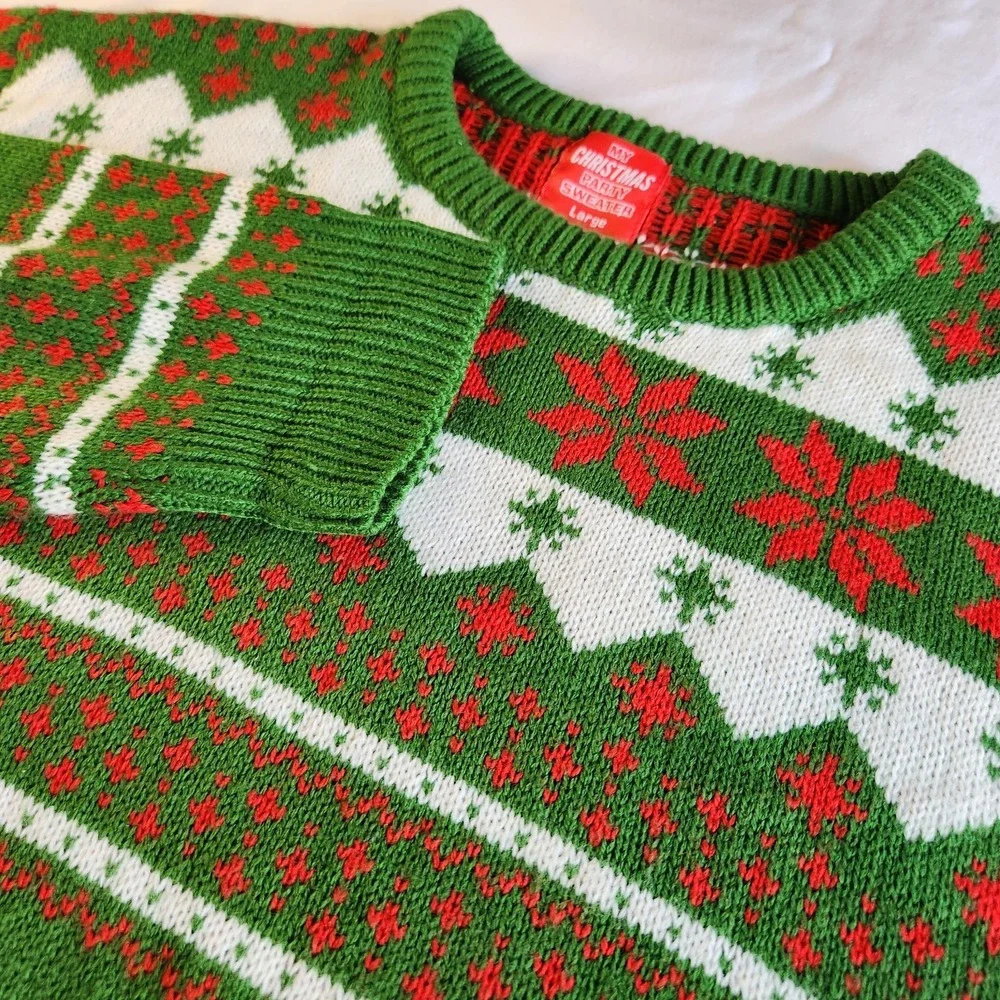 UGLY CHRISTMAS SWEATER Mens Large Green Red‎ White Nutcrackers Toy Soldiers